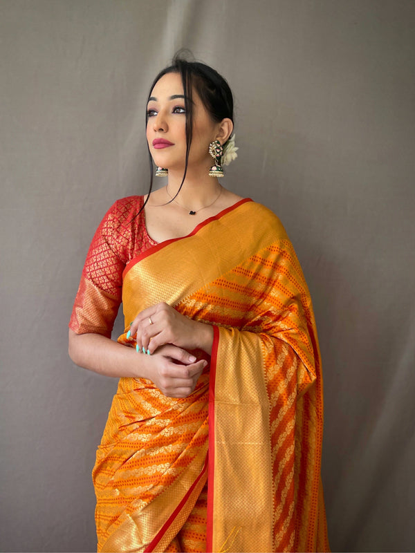 Women's Mustard Color Patola Leheriya Mustard Woven Silk Saree - TASARIKA