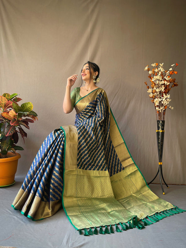 Women's Navy Blue Color Patola Leheriya Navy Blue Woven Silk Saree - TASARIKA