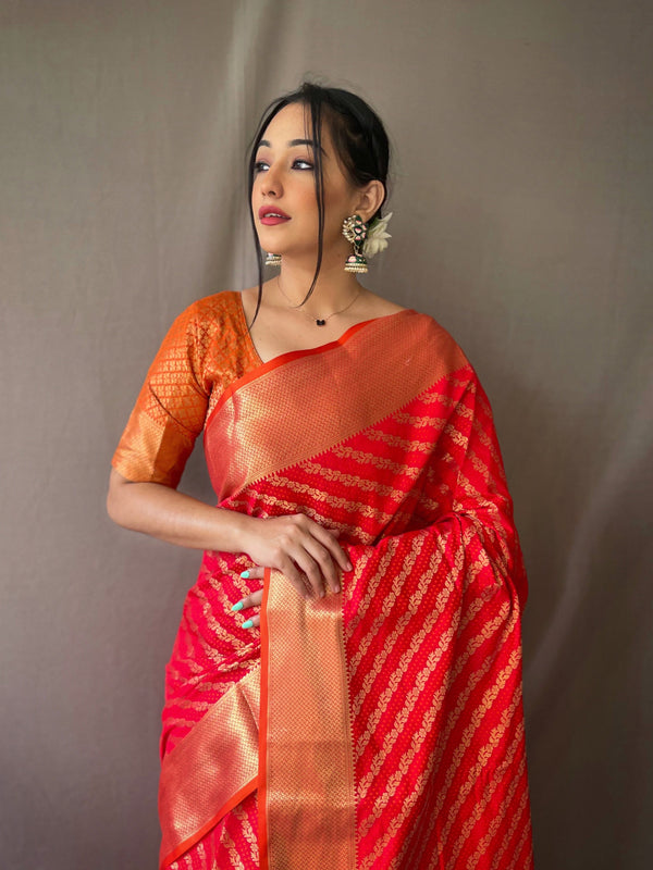 Women's Red Color Patola Leheriya Red Woven Silk Saree - TASARIKA