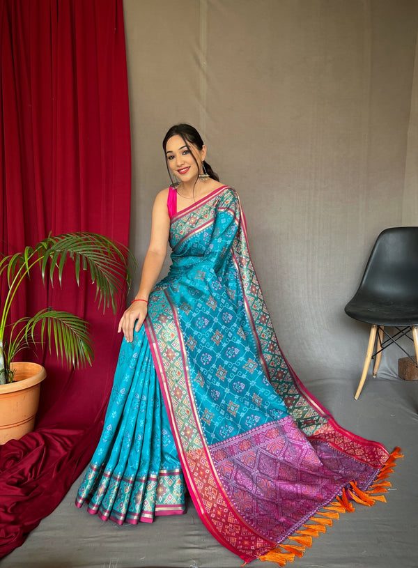 Women's Blue Color Rangeen Patola Silk Woven Saree Pacific Blue - TASARIKA