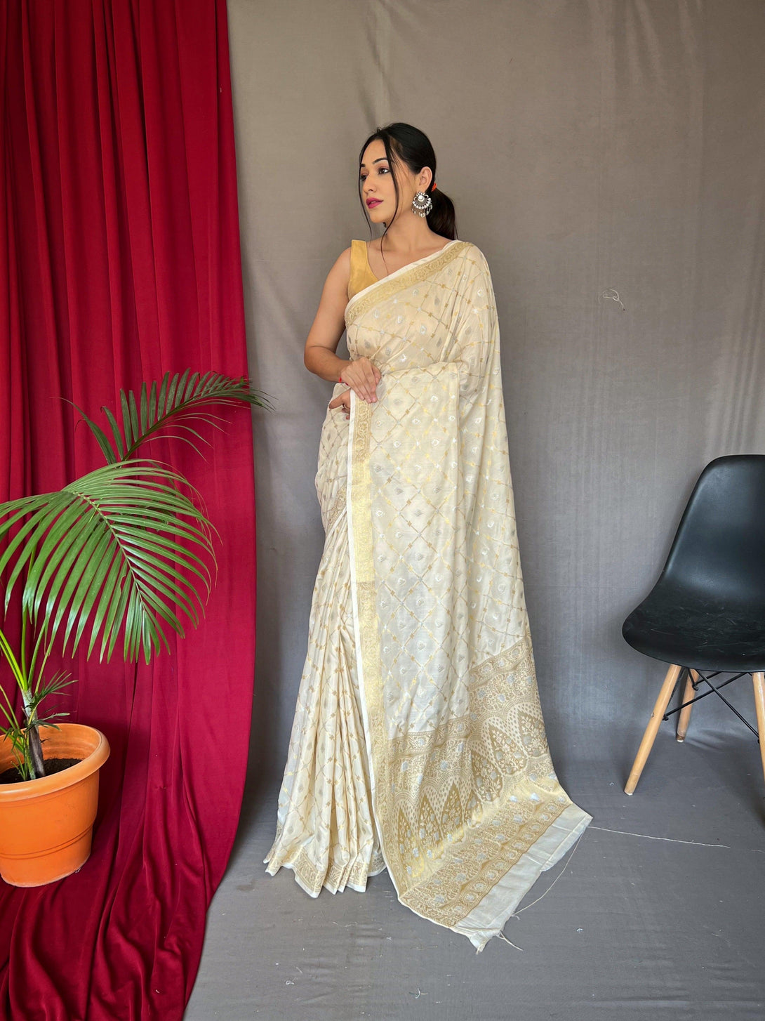 Women's Ivory Cream Color Cotton Rose Gold Woven Saree Ivory Cream - TASARIKA - Indiakreations