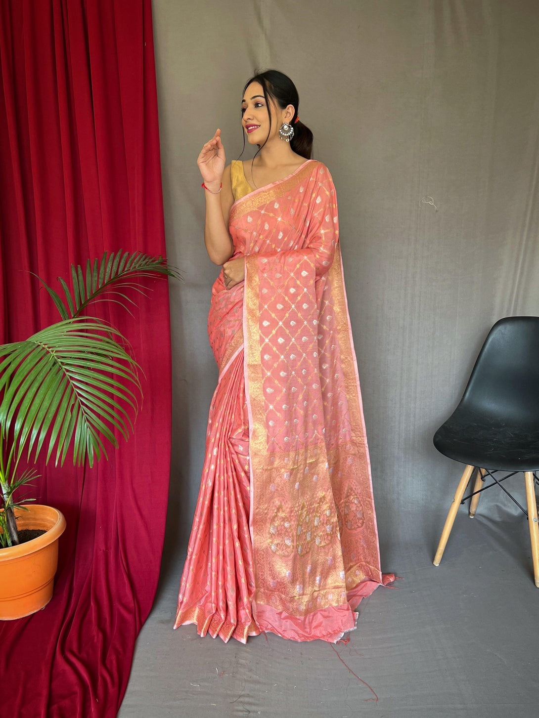 Women's Peach Color Cotton Rose Gold Woven Saree Peach - TASARIKA - Indiakreations