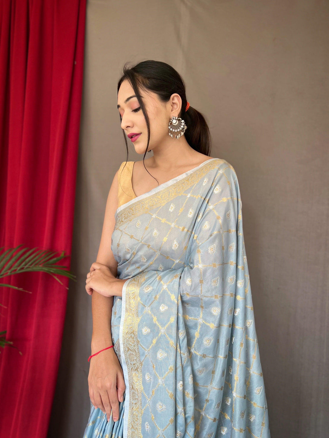 Women's Powder Blue Color Cotton Rose Gold Woven Saree Cloudy Blue - TASARIKA - Indiakreations