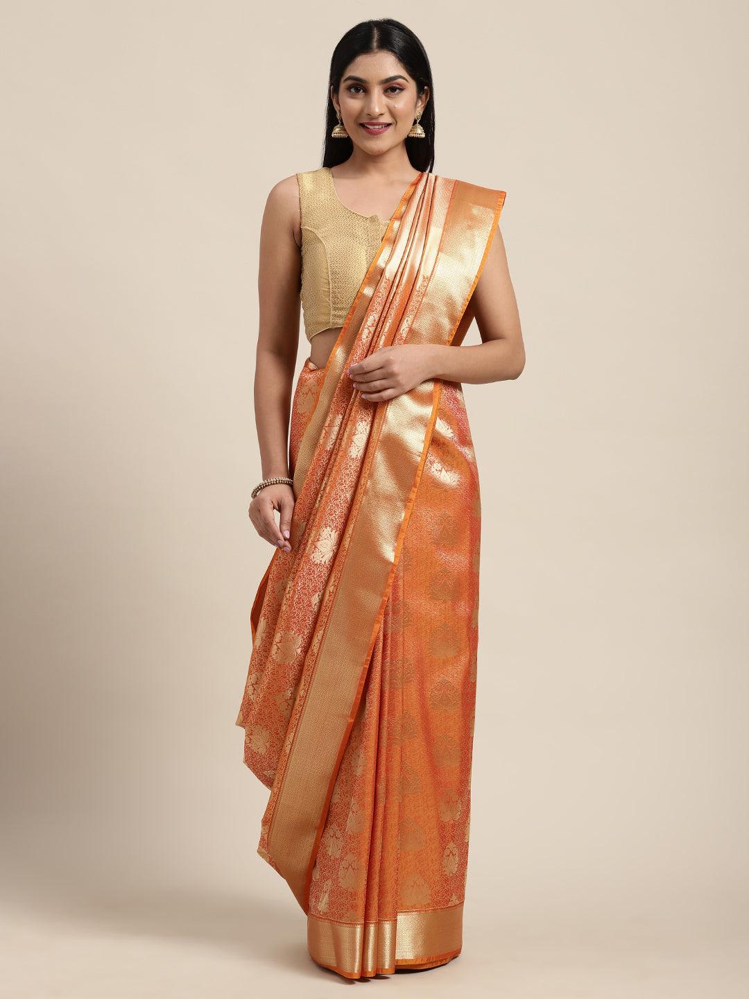 Women's Orange Kanjeevaram Zari Brocade Self Design - Thara Sarees - Indiakreations