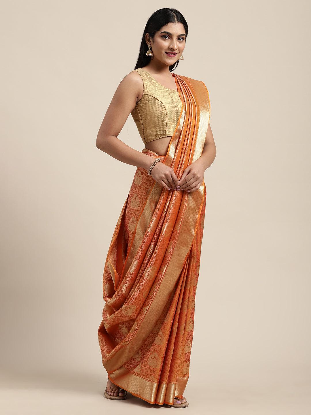 Women's Orange Kanjeevaram Zari Brocade Self Design - Thara Sarees - Indiakreations