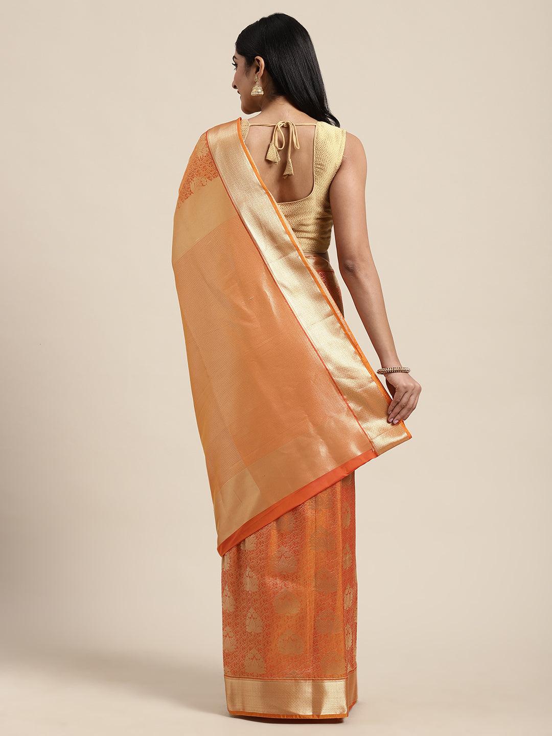 Women's Orange Kanjeevaram Zari Brocade Self Design - Thara Sarees - Indiakreations