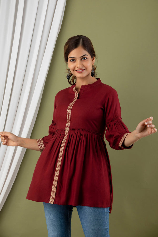 Women's Maroon Embroidered Top  - Misskurti