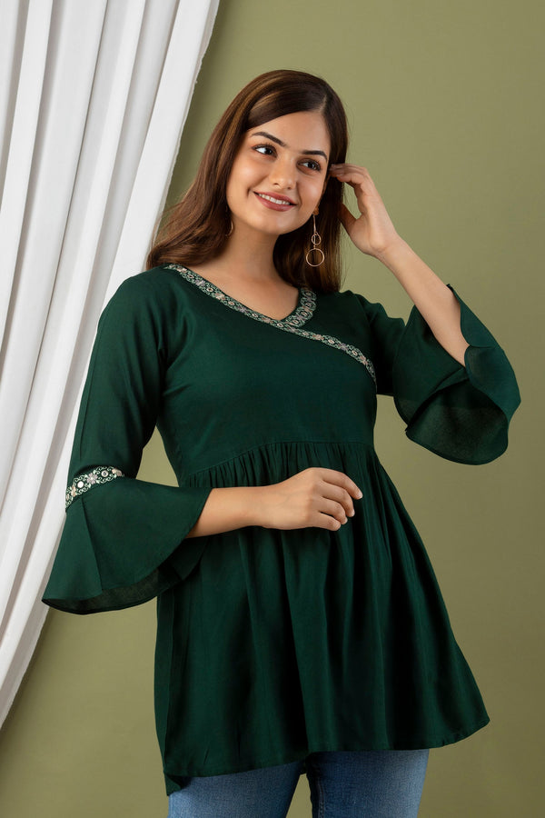 Women's Dark Green Bell Sleeve Top - Misskurti