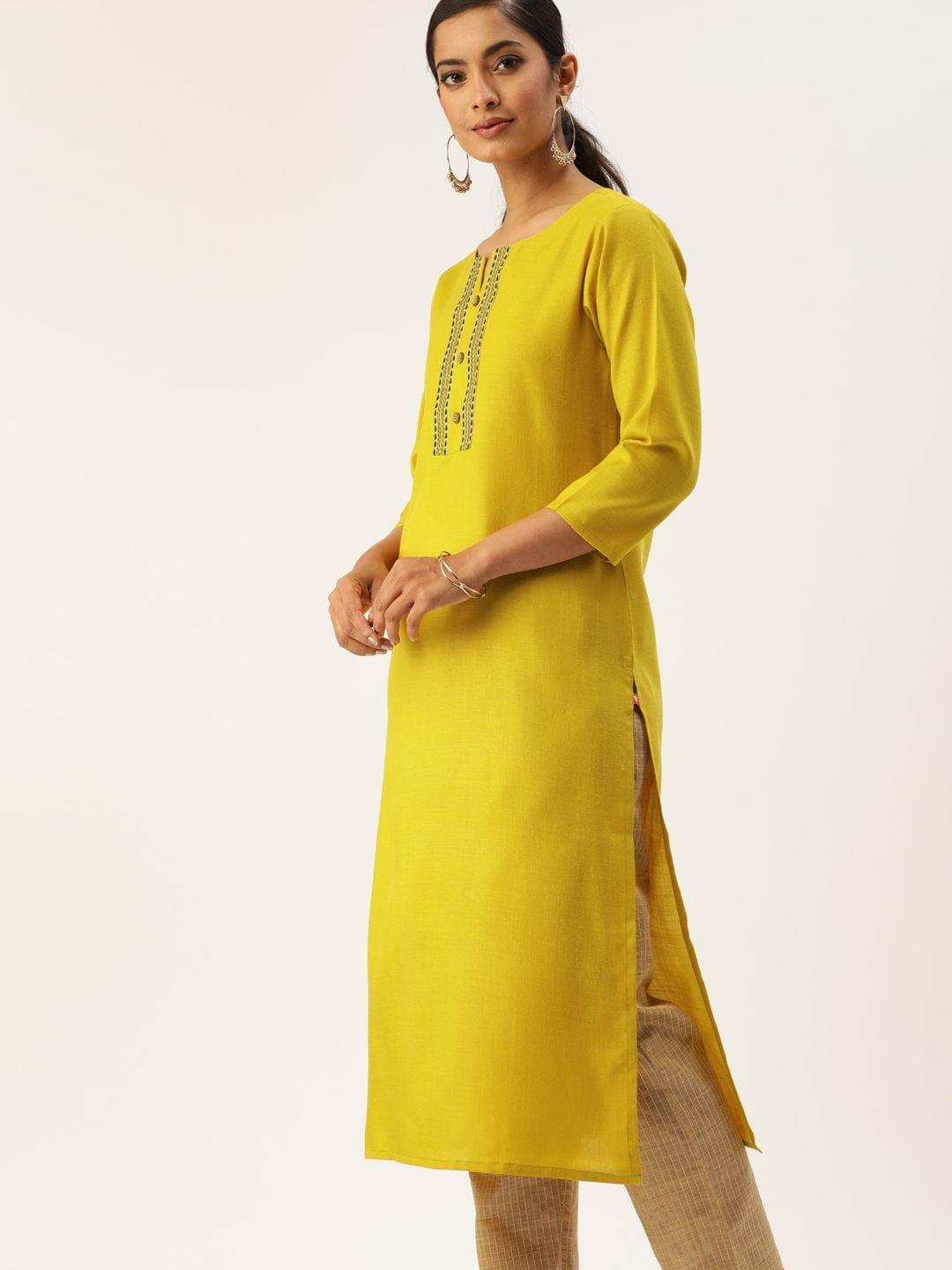 Women Mustard Yellow Solid Straight Kurta With Thread Work - Indiakreations