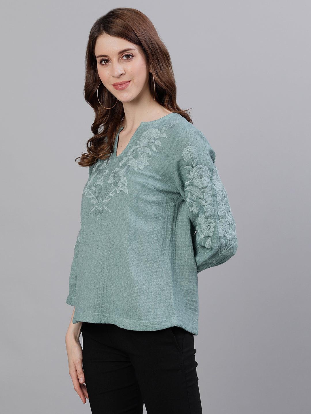 Women's Cotton Sea Green Embroidered Top - Ishin - Indiakreations