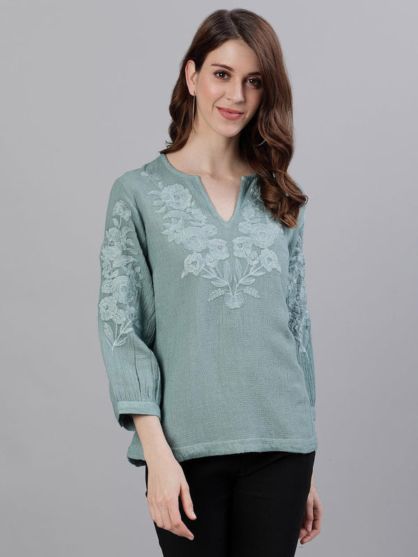 Women's Cotton Sea Green Embroidered Top - Ishin - Indiakreations