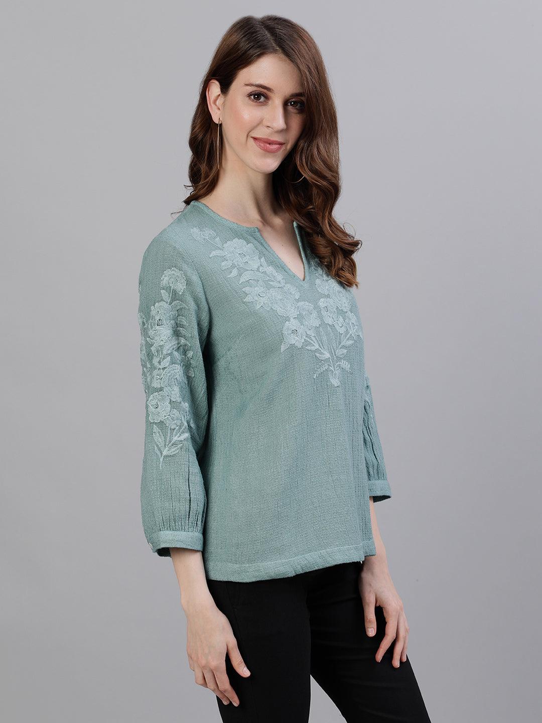 Women's Cotton Sea Green Embroidered Top - Ishin - Indiakreations