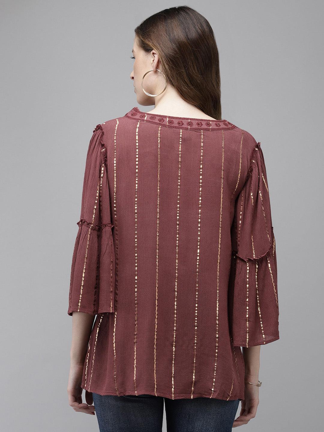 Women's Maroon Striped Flared Sleeve Top - Ishin - Indiakreations