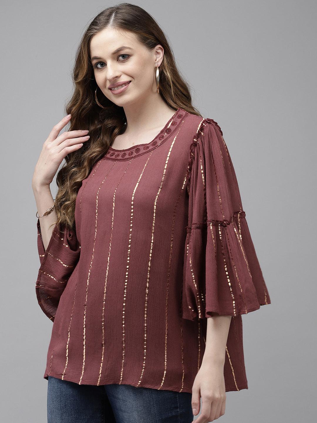 Women's Maroon Striped Flared Sleeve Top - Ishin - Indiakreations