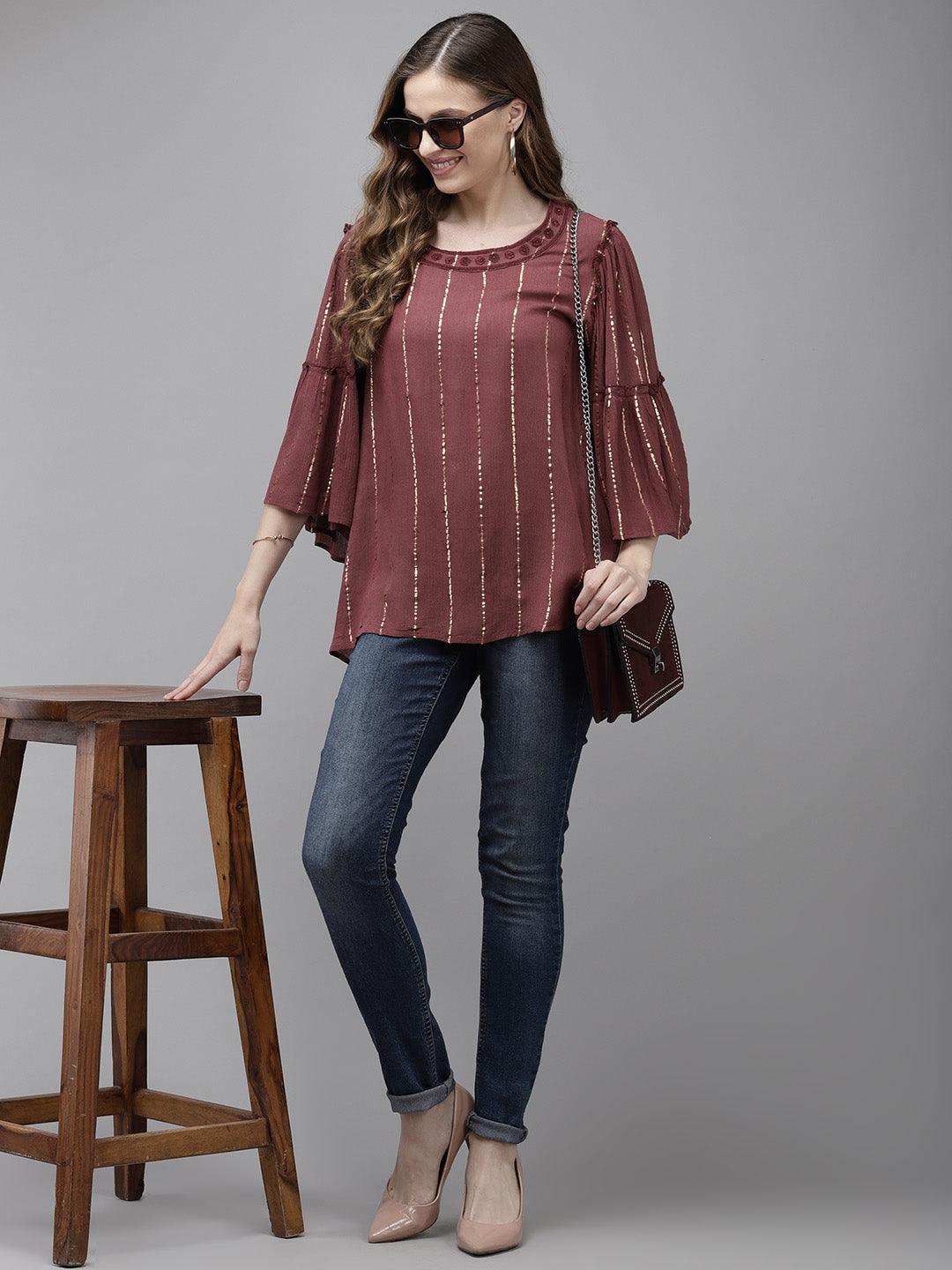 Women's Maroon Striped Flared Sleeve Top - Ishin - Indiakreations