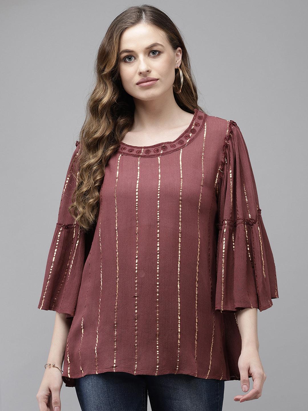 Women's Maroon Striped Flared Sleeve Top - Ishin - Indiakreations