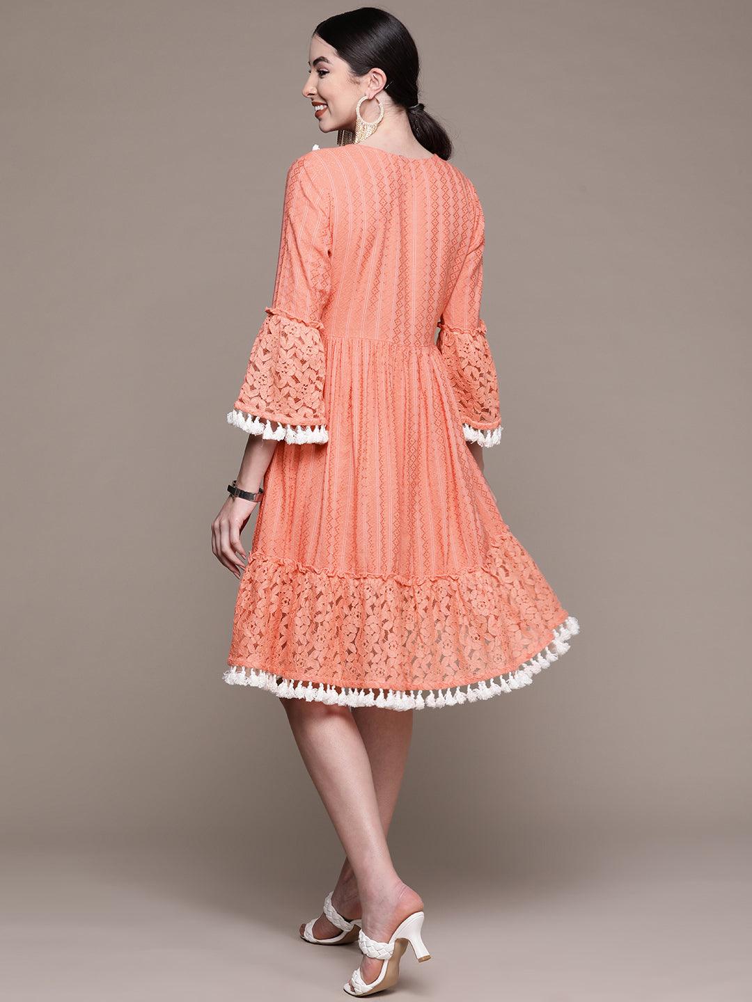 Women's Cotton Peach Embroidered Fit & Flared Dress - Ishin - Indiakreations