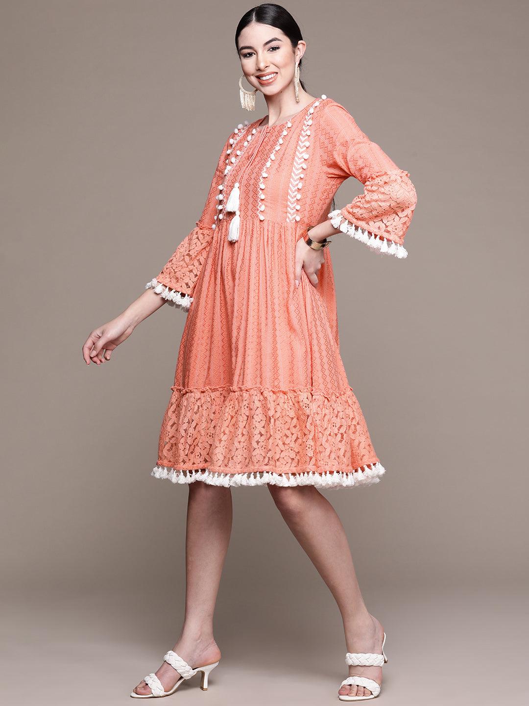 Women's Cotton Peach Embroidered Fit & Flared Dress - Ishin - Indiakreations