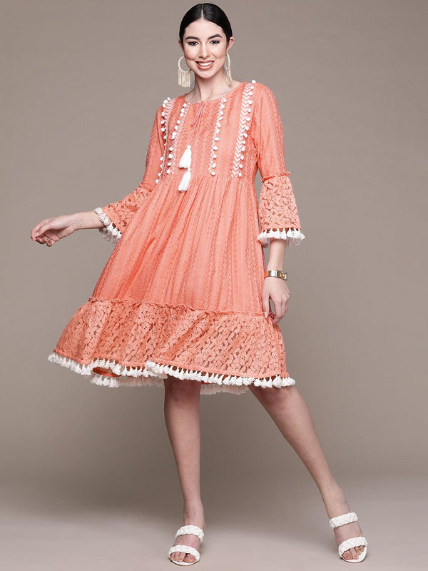 Women's Cotton Peach Embroidered Fit & Flared Dress - Ishin - Indiakreations