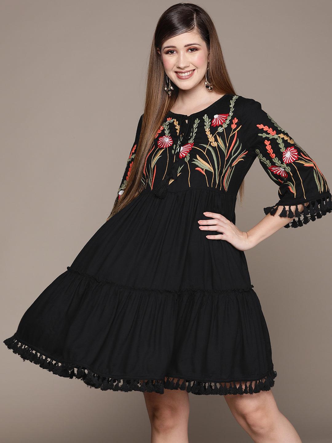 Women's Black Embroidered A-Line Dress - Ishin - Indiakreations