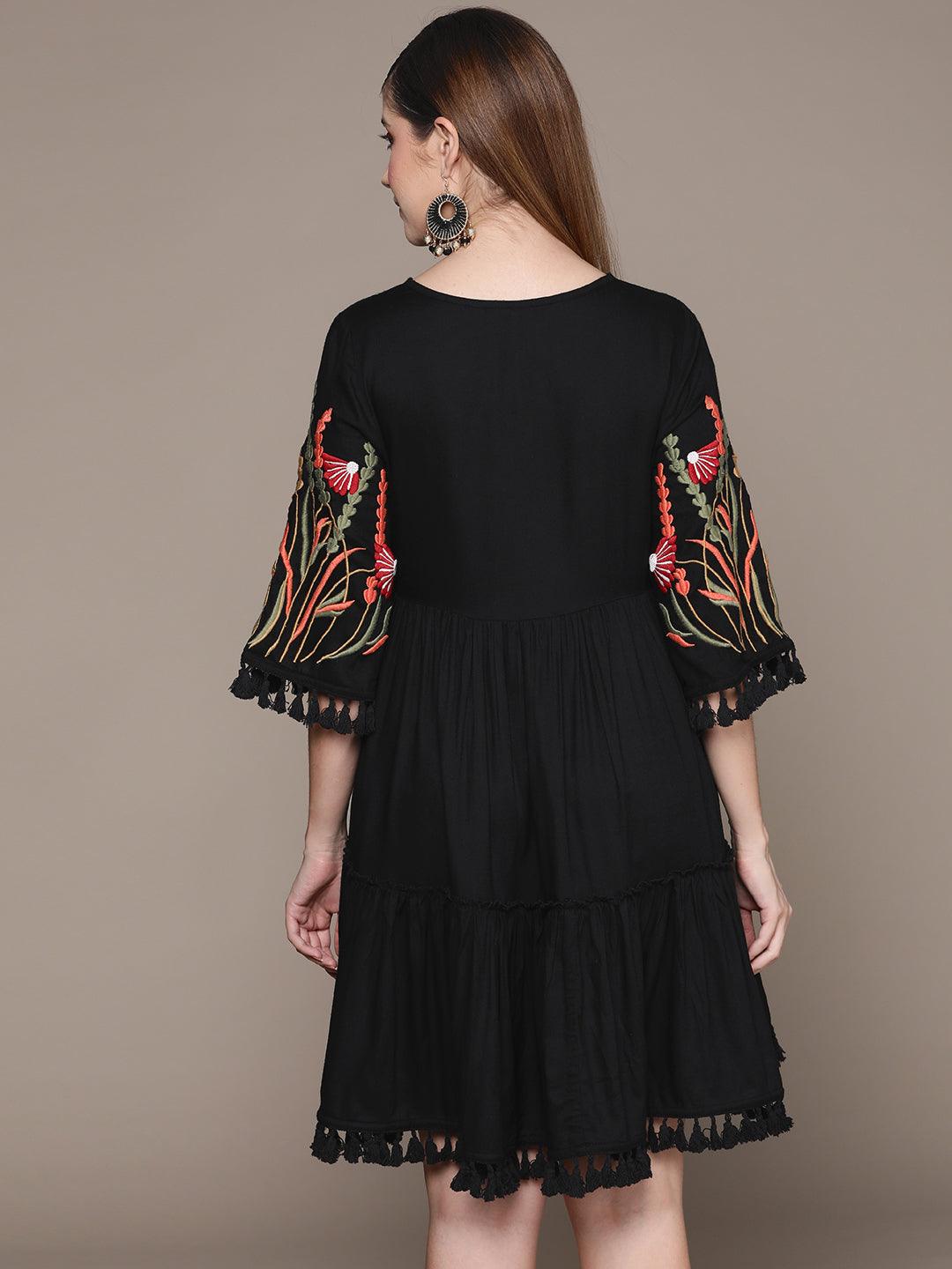 Women's Black Embroidered A-Line Dress - Ishin - Indiakreations