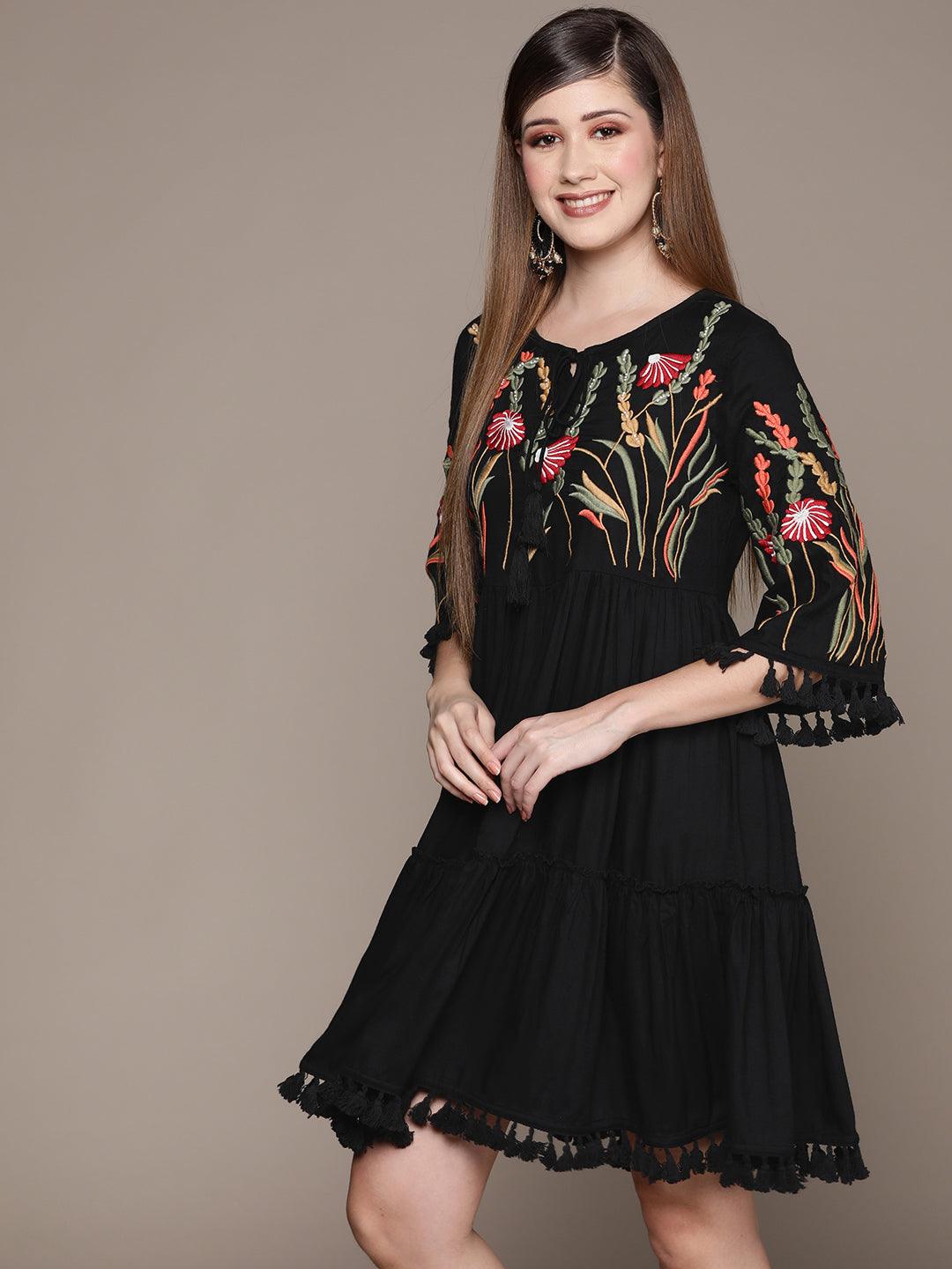 Women's Black Embroidered A-Line Dress - Ishin - Indiakreations