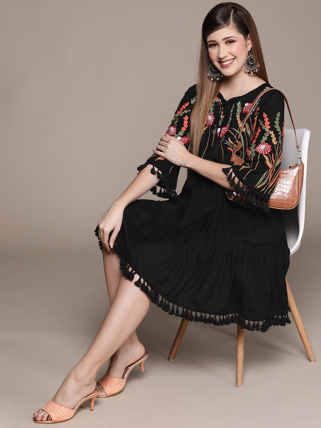 Women's Black Embroidered A-Line Dress - Ishin - Indiakreations