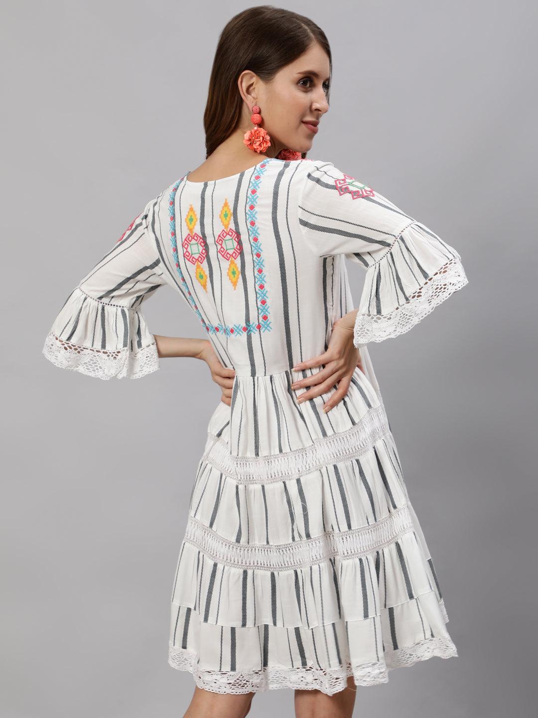 Women's Rayon White Embroidered A-Line Dress - Ishin - Indiakreations