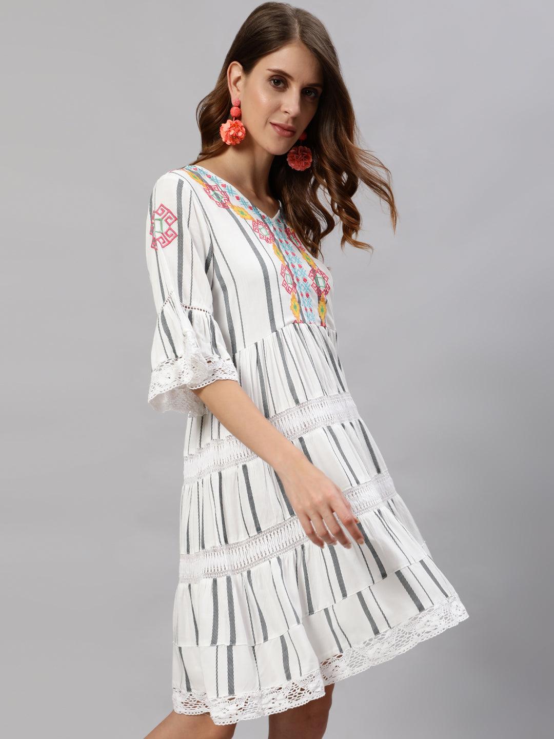 Women's Rayon White Embroidered A-Line Dress - Ishin - Indiakreations