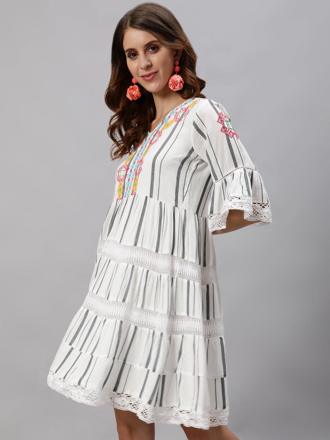 Women's Rayon White Embroidered A-Line Dress - Ishin - Indiakreations