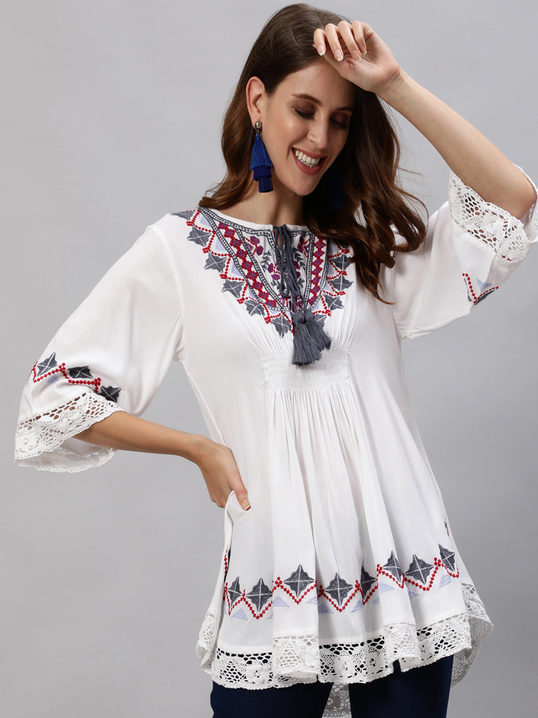 Women's Rayon White Embroidered A-Line Top - Ishin