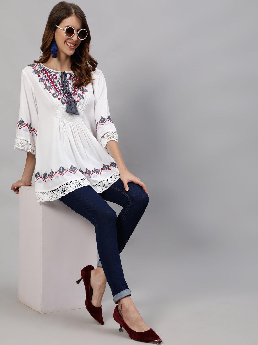 Women's Rayon White Embroidered A-Line Top - Ishin - Indiakreations