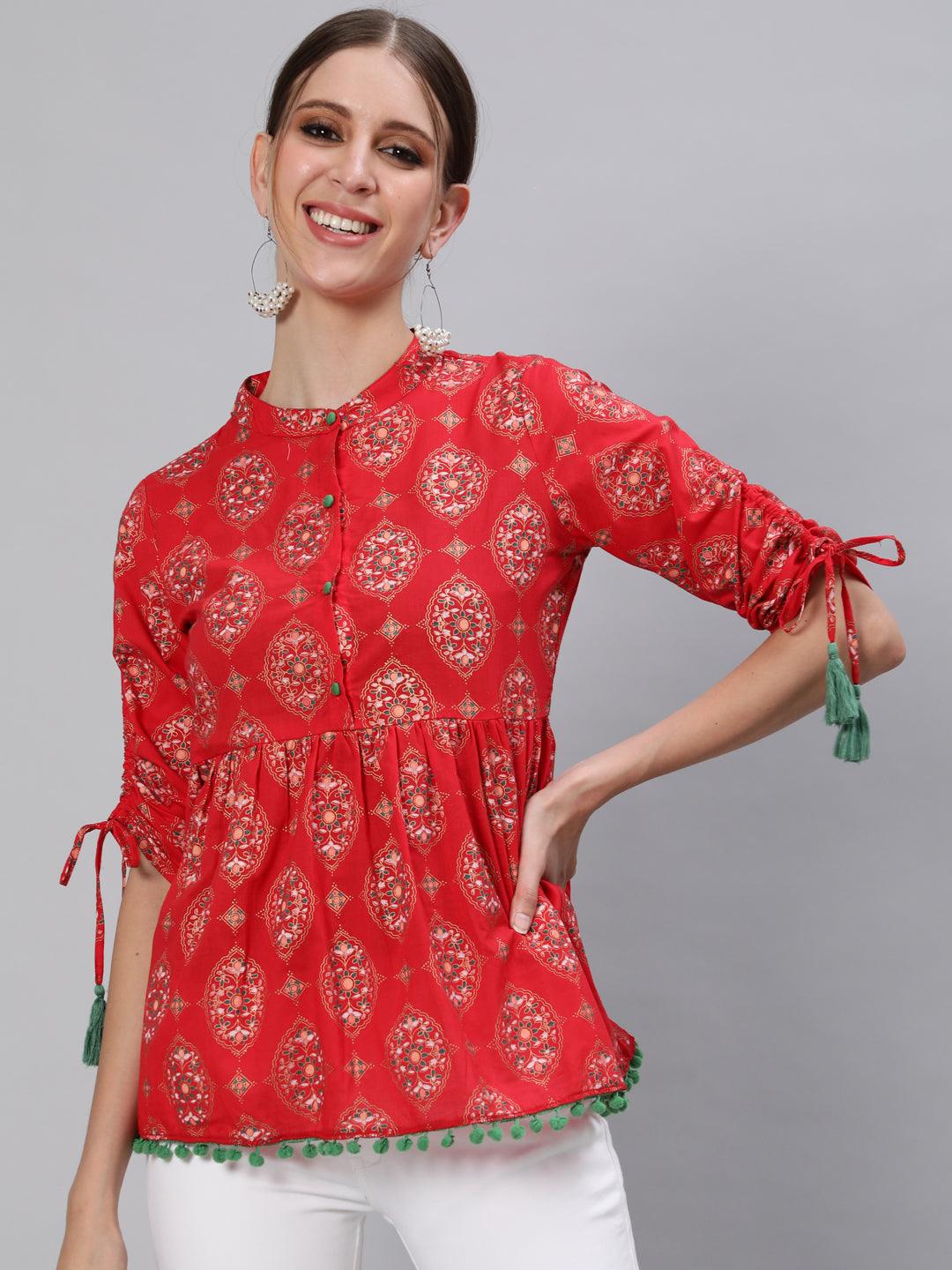 Women's Cotton Red Floral Printed A-Line Top - Ishin - Indiakreations