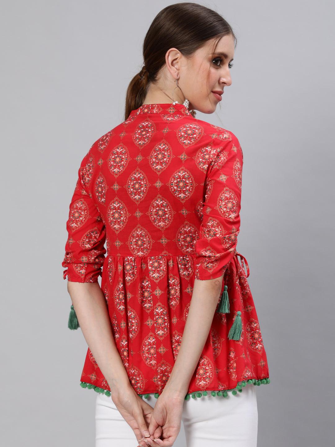 Women's Cotton Red Floral Printed A-Line Top - Ishin - Indiakreations