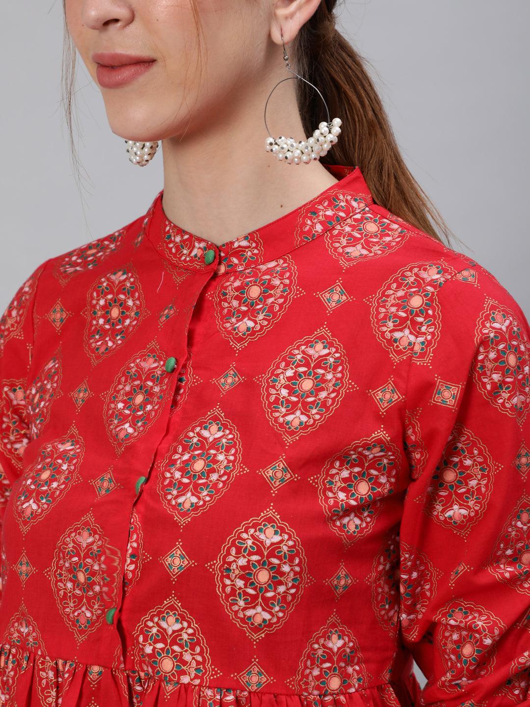 Women's Cotton Red Floral Printed A-Line Top - Ishin - Indiakreations