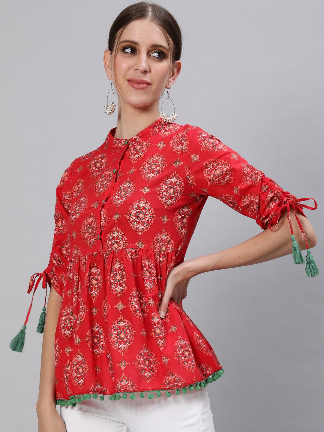 Women's Cotton Red Floral Printed A-Line Top - Ishin - Indiakreations