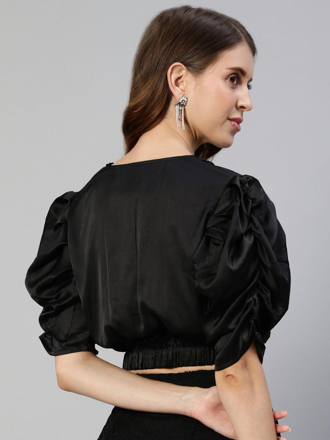 Women's Black Solid Wrap Crop Top - Ishin - Indiakreations