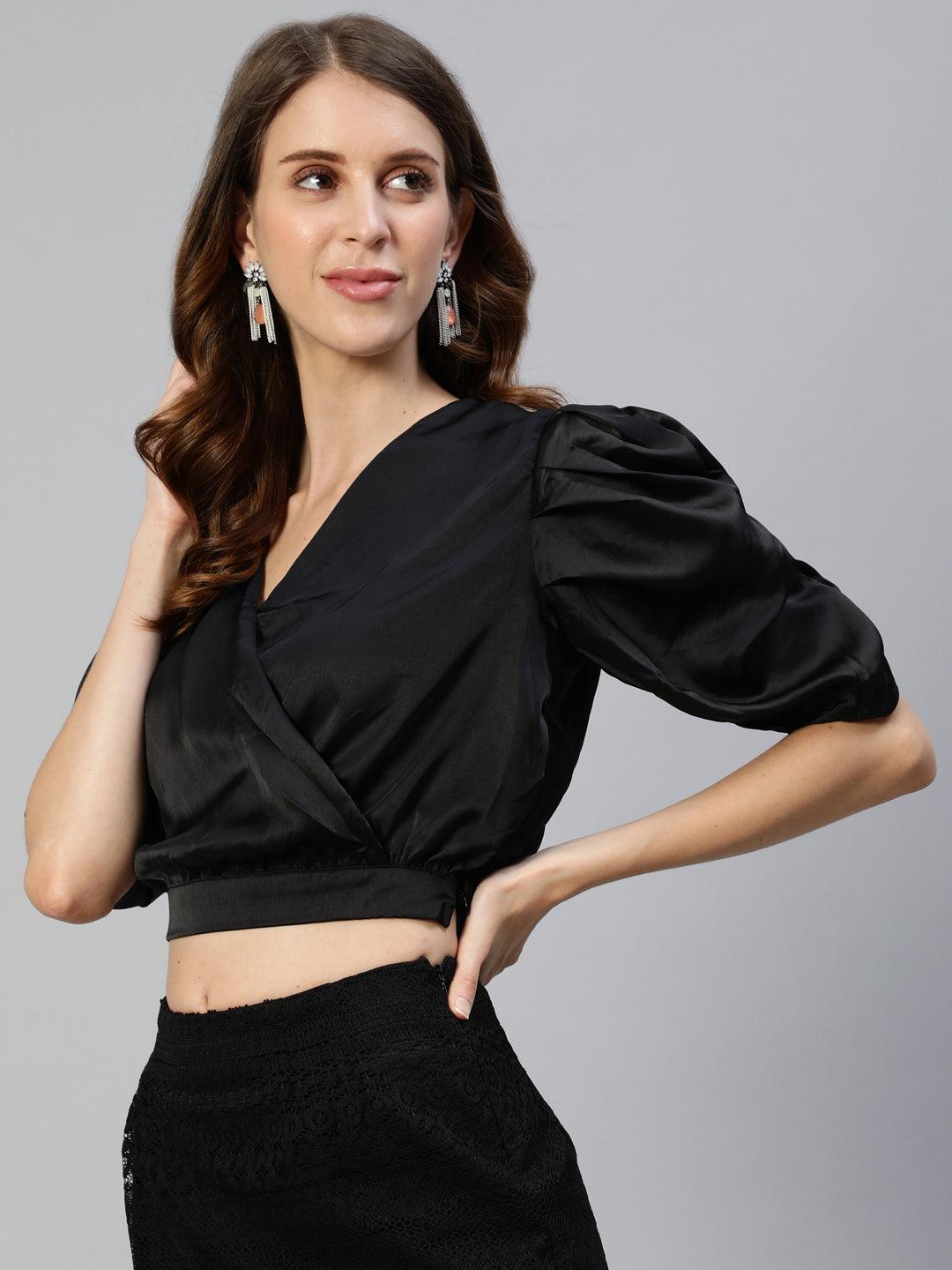 Women's Black Solid Wrap Crop Top - Ishin - Indiakreations