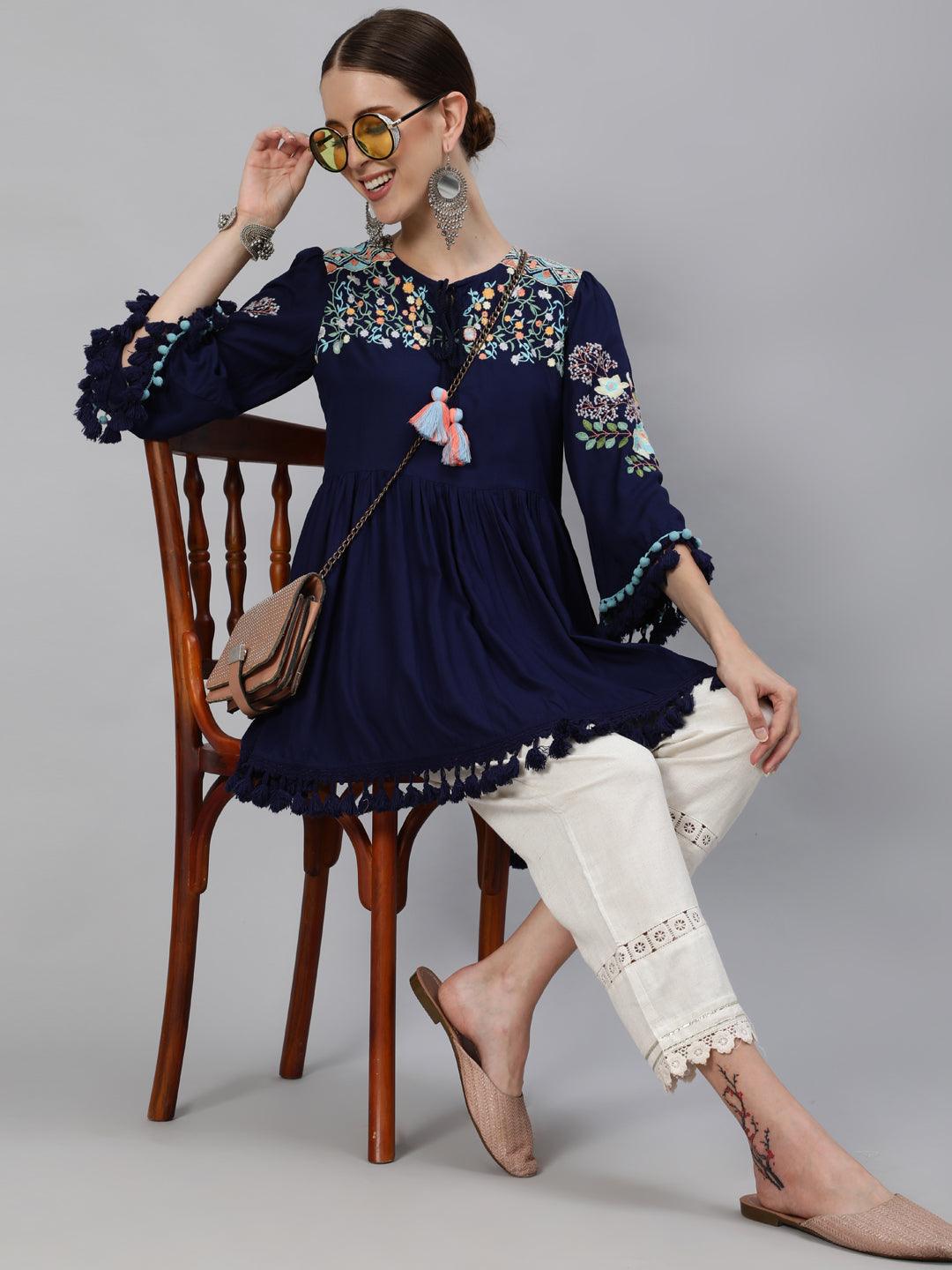 Women's Navy Blue Rayon Top by Ishin (1pc) - Indiakreations