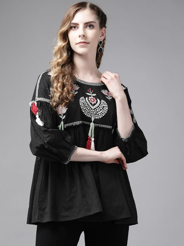 Women's Black Embroidered Top - Ishin - Indiakreations