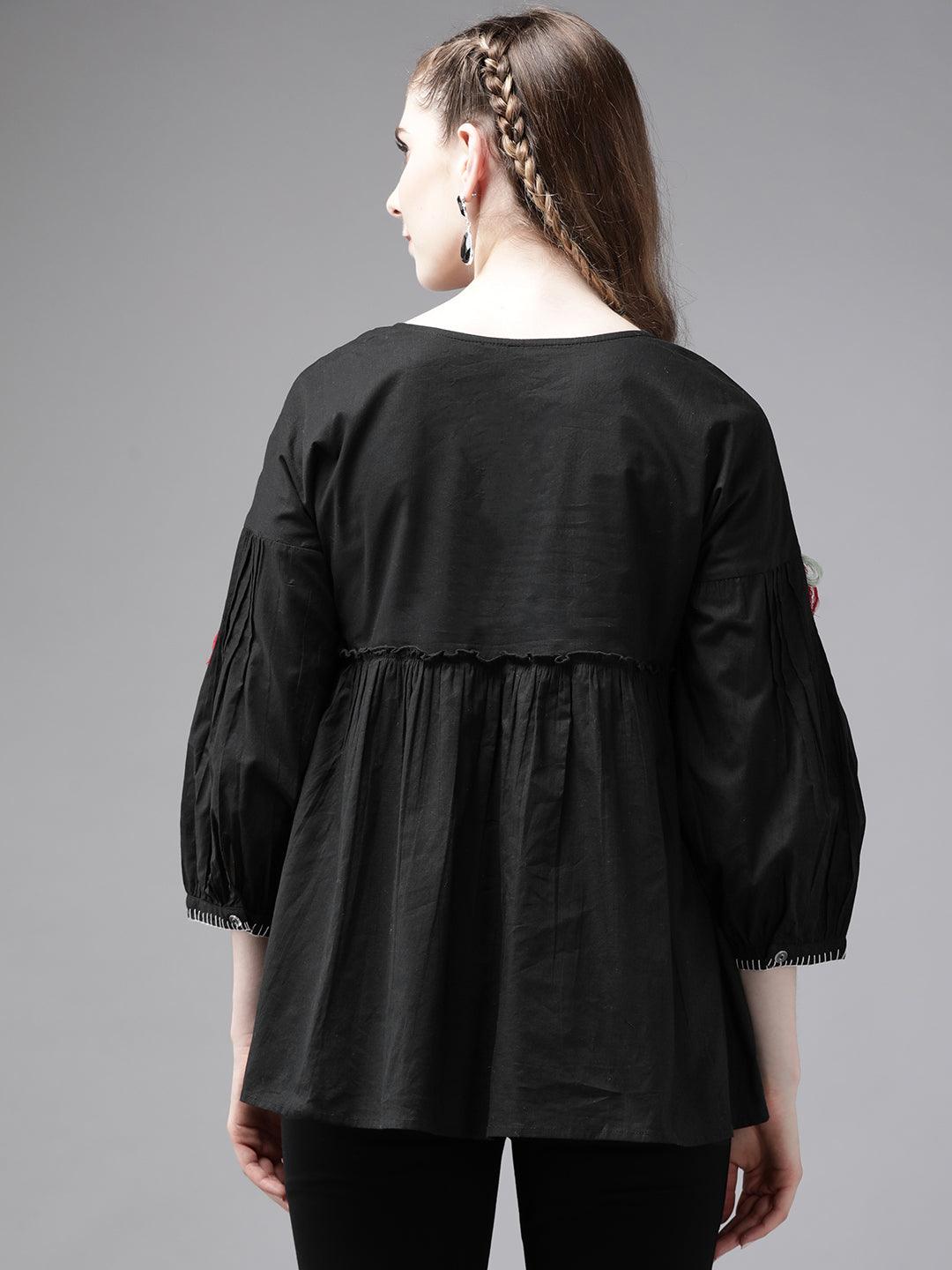 Women's Black Embroidered Top - Ishin - Indiakreations