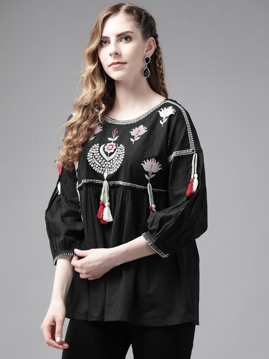 Women's Black Embroidered Top - Ishin - Indiakreations