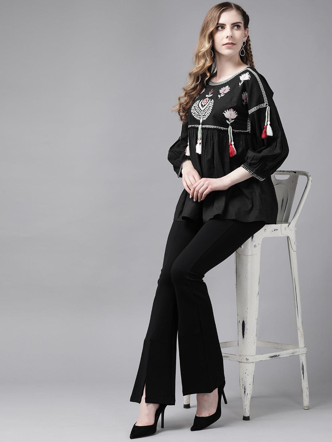 Women's Black Embroidered Top - Ishin - Indiakreations