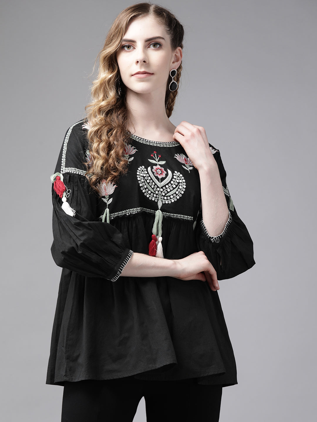 Women's Black Embroidered Top - Ishin