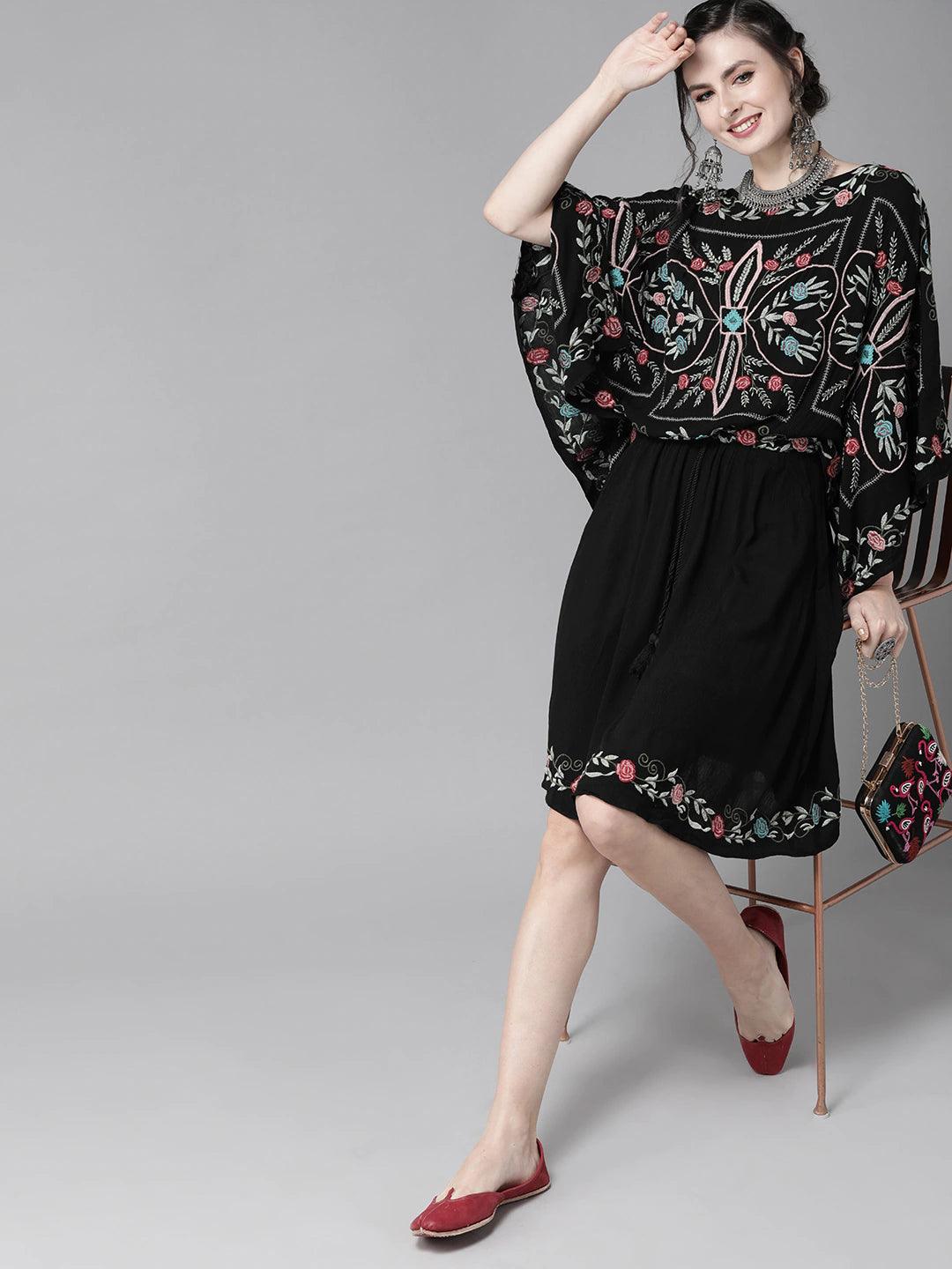 Women's Cotton Black Embroidered Kaftan Dress - Ishin - Indiakreations