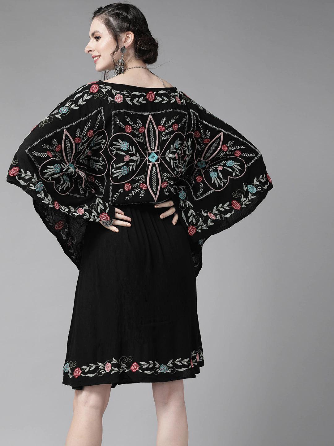 Women's Cotton Black Embroidered Kaftan Dress - Ishin - Indiakreations