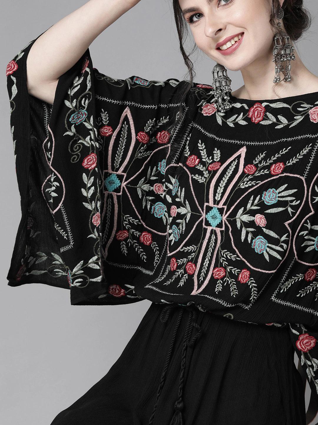 Women's Cotton Black Embroidered Kaftan Dress - Ishin - Indiakreations