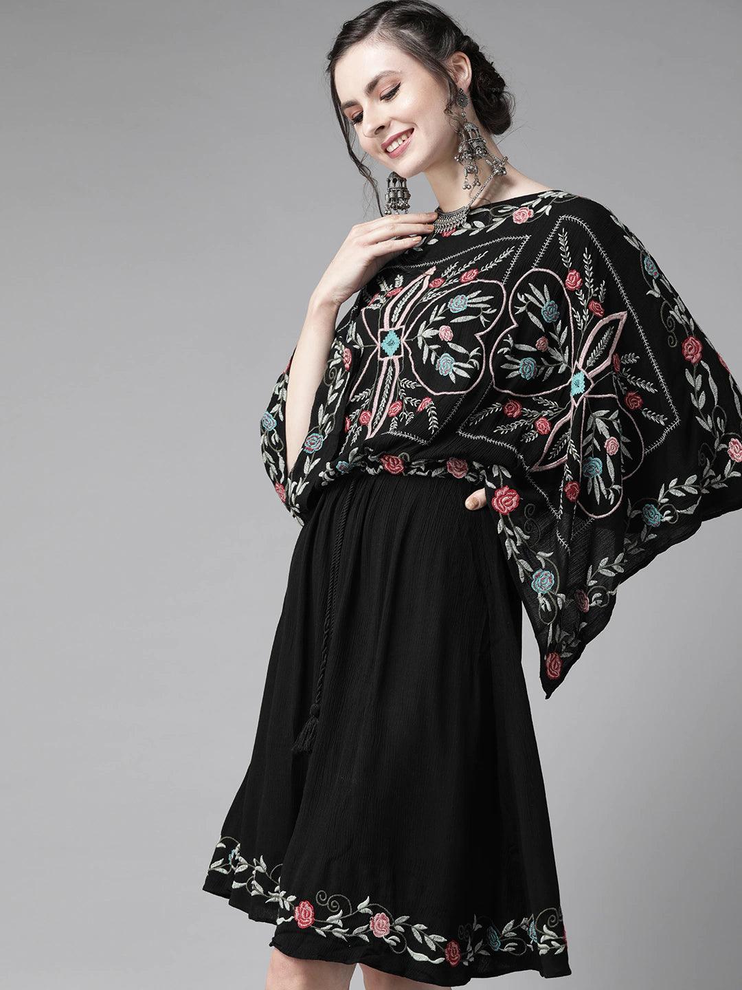 Women's Cotton Black Embroidered Kaftan Dress - Ishin - Indiakreations