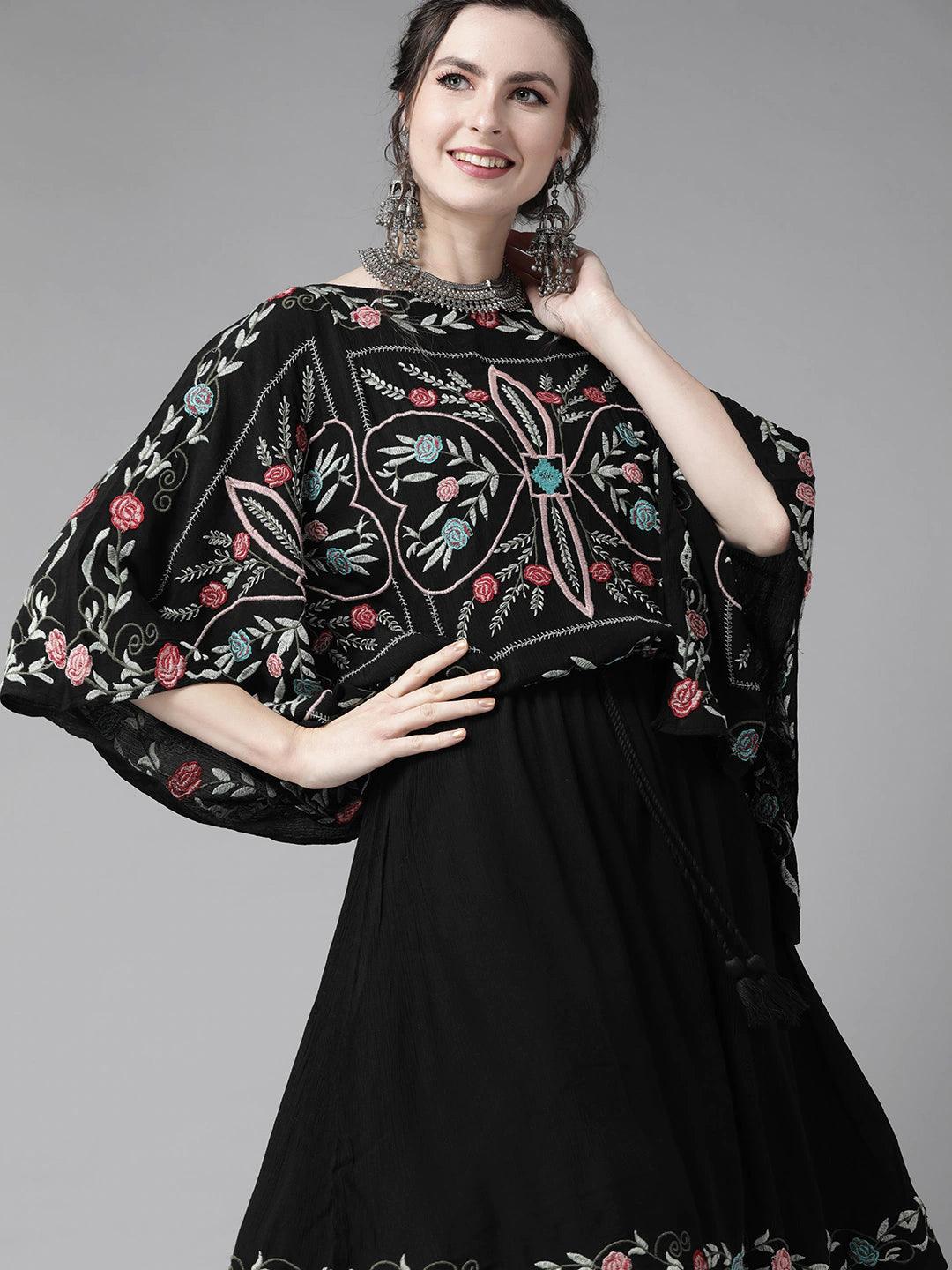 Women's Cotton Black Embroidered Kaftan Dress - Ishin - Indiakreations