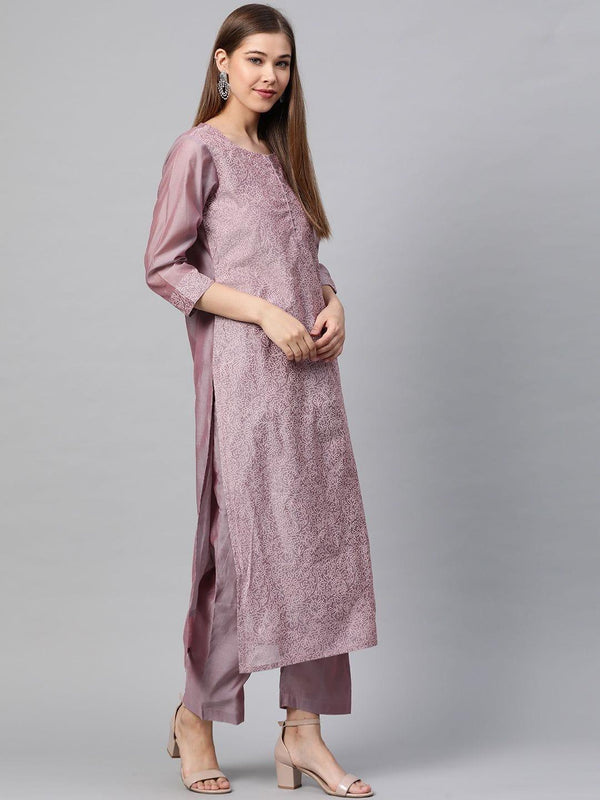 Women Mauve Printed Kurta With Trousers - Indiakreations